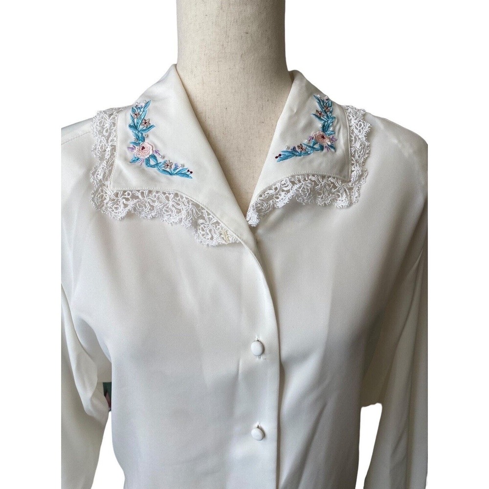 VTG Secretary Top Lace Embroidered Floral CottageCore Twee Lace Demure P Large - Picture 2 of 5
